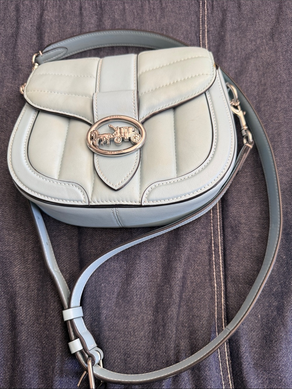 Coach Pale Blue Quilted Leather Saddle Crossbody Bag